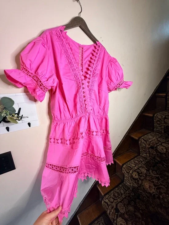 Anthropologie Bright Hot Pink Crochet-Trim Dress - Picture 4 of 16